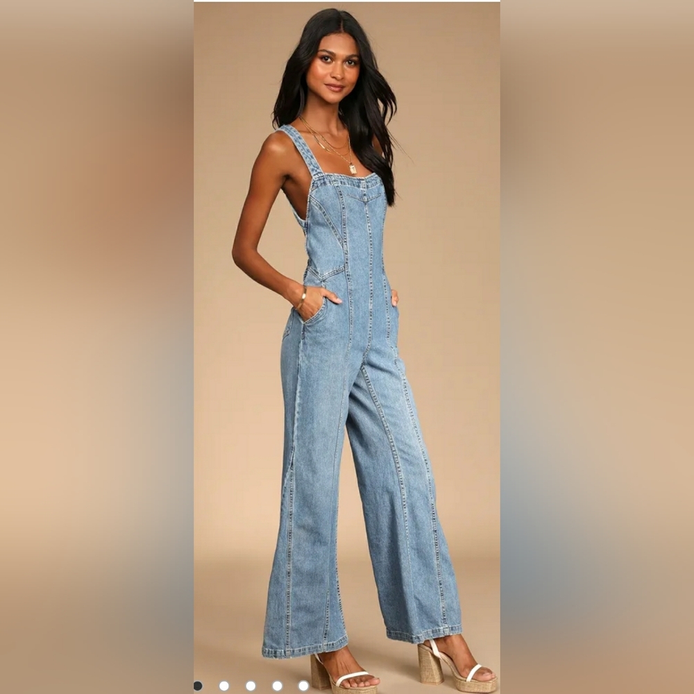 Kendra Medium Wash Denim Tie-Back Flared JumpsuitFree People